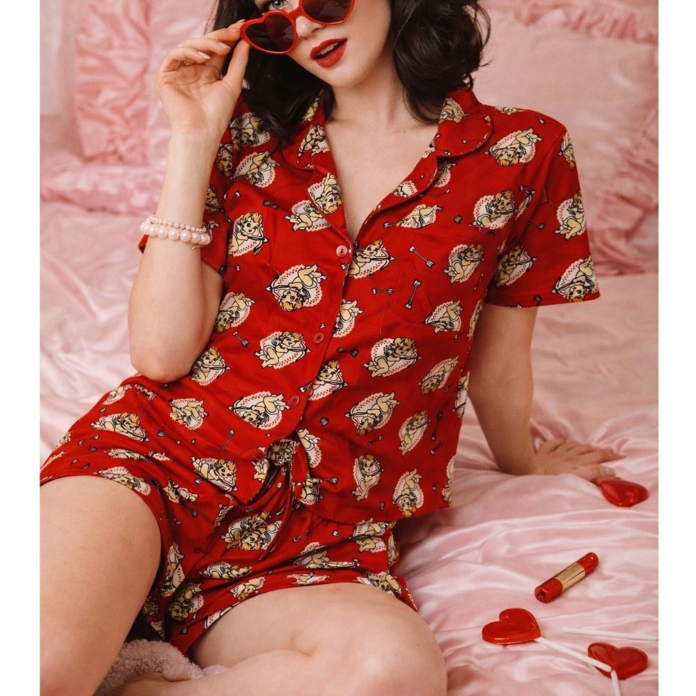 Retro Pin-Up Cherub Print Pajama Set Red Novelty Button-Front Sleepwear Shorts